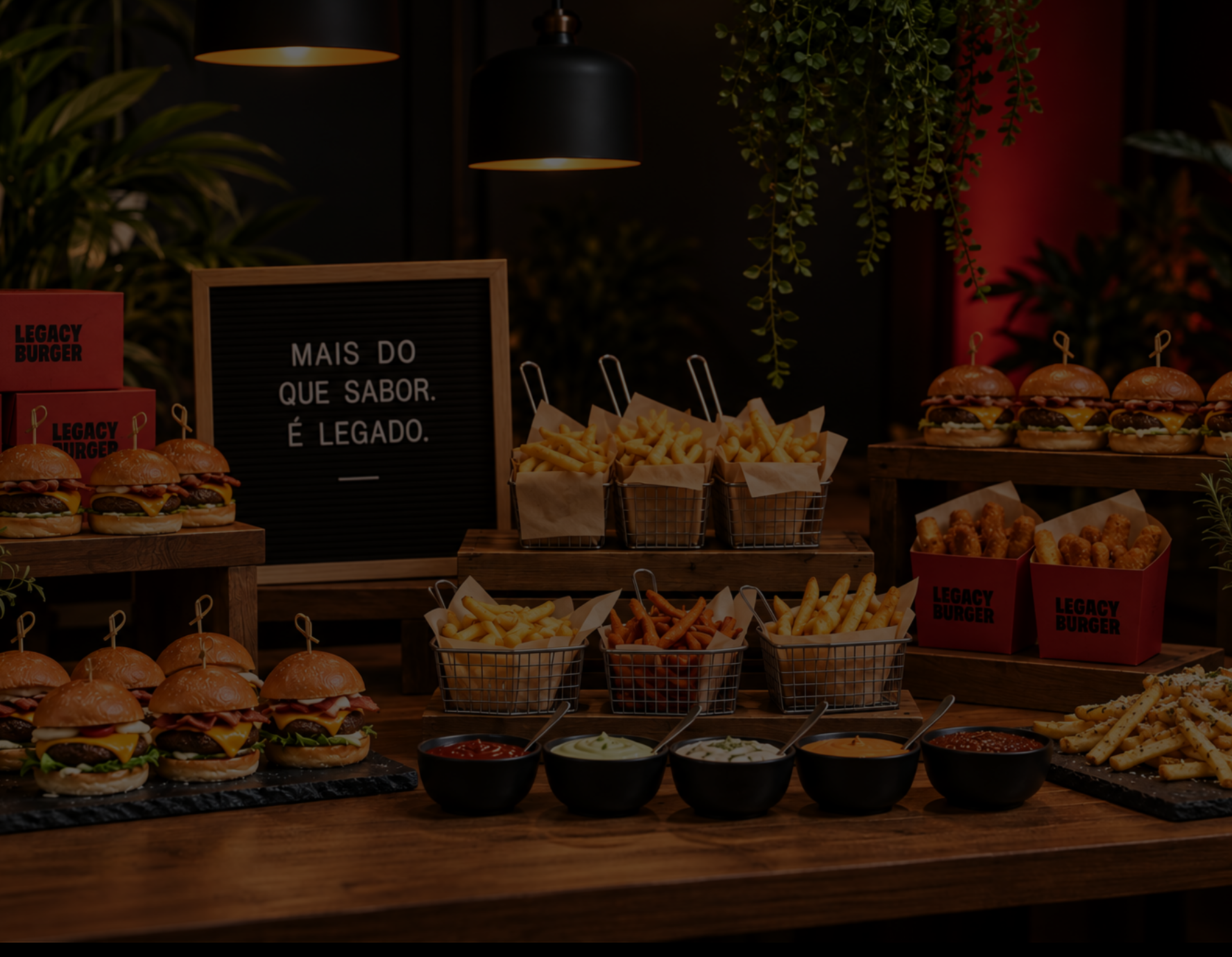 Mesa de catering Legacy Burger com hambúrgueres, batatas e acompanhamentos
