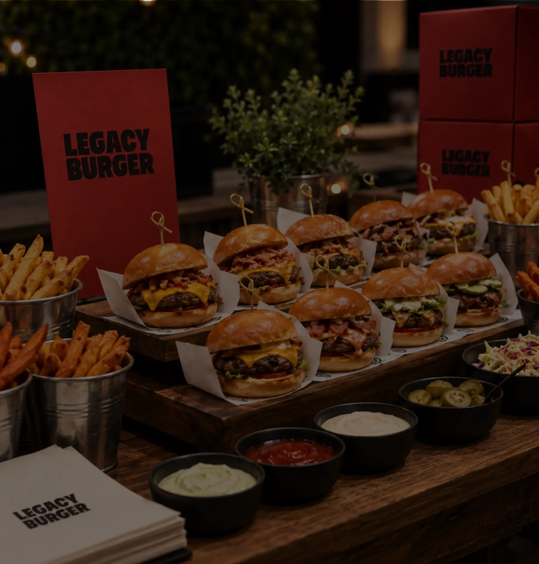 Apresentação de hambúrgueres artesanais, molhos e embalagens Legacy Burger em uma mesa de evento